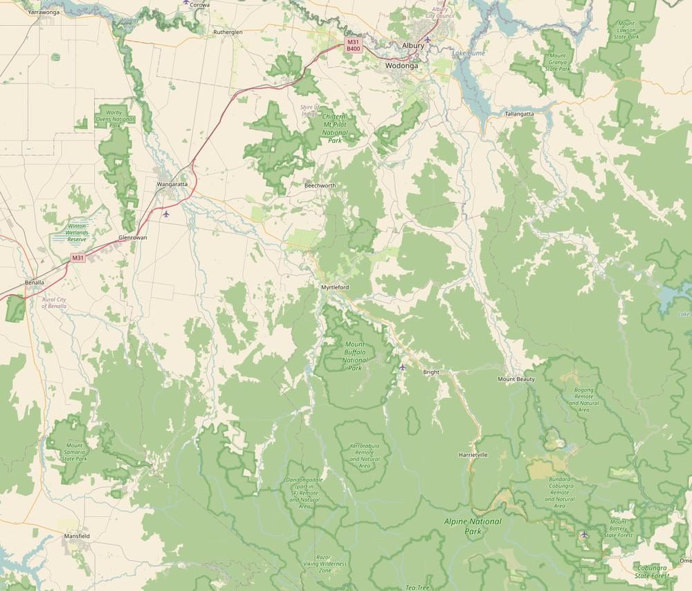 Map of North East Victoria with Wandi Christmas Trees marked in the middle